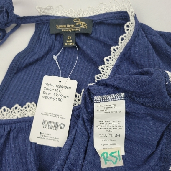 NWT Suzanne Betro ribbed navy wide sleeve embroidered trim flowy top R51 - Picture 8 of 8